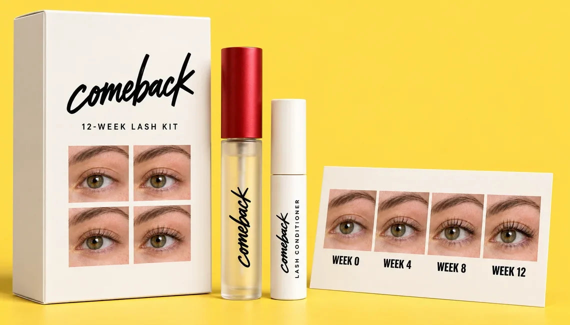 The 12-Week Lash Comeback Kit: peptide lash serum, lash conditioner and a week 0 to week 12 photo card